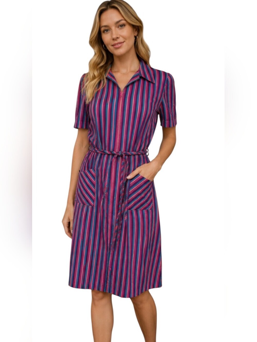 Vintage 70s Sears Perma-Smooth Striped Shirt Dress Pink Teal Belted Midi. Size 4